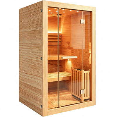 Steam Sauna, 2-4 Person Traditional Indoor Sauna with 3KW/240V Stove Heater | Chilean Pine Wood Sauna Room with Wooden Barrel and Spoon, Sauna Stone, Hygrometer, Cup Holder, LED Lighting, Speaker