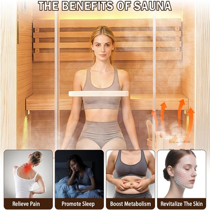 Steam Sauna, 2-4 Person Traditional Indoor Sauna with 3KW/240V Stove Heater | Chilean Pine Wood Sauna Room with Wooden Barrel and Spoon, Sauna Stone, Hygrometer, Cup Holder, LED Lighting, Speaker