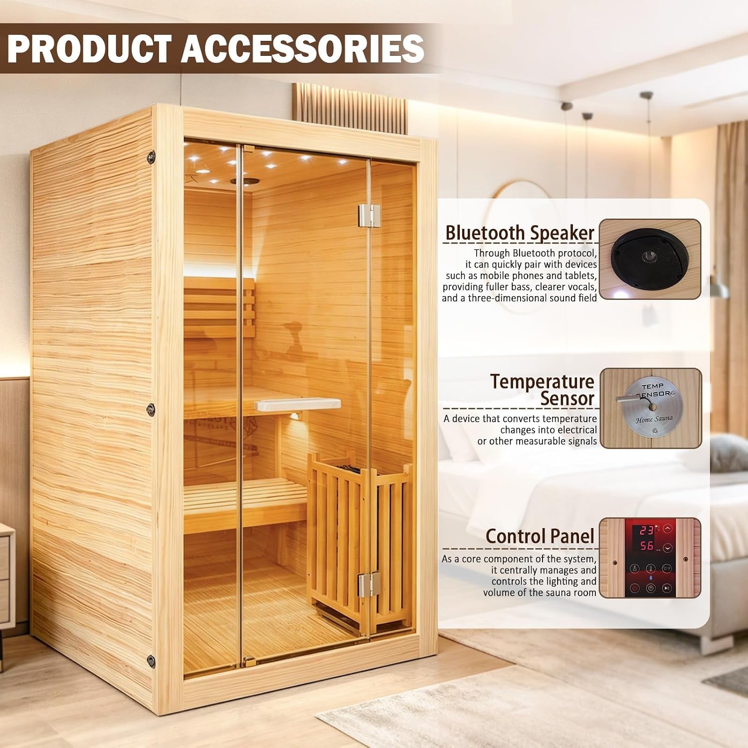 Steam Sauna, 2-4 Person Traditional Indoor Sauna with 3KW/240V Stove Heater | Chilean Pine Wood Sauna Room with Wooden Barrel and Spoon, Sauna Stone, Hygrometer, Cup Holder, LED Lighting, Speaker